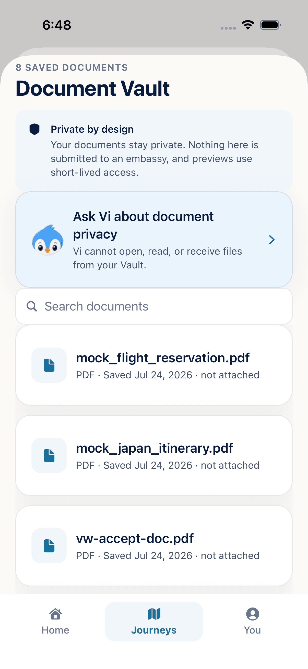 Private Document Vault in the Visa Wingman iOS app
