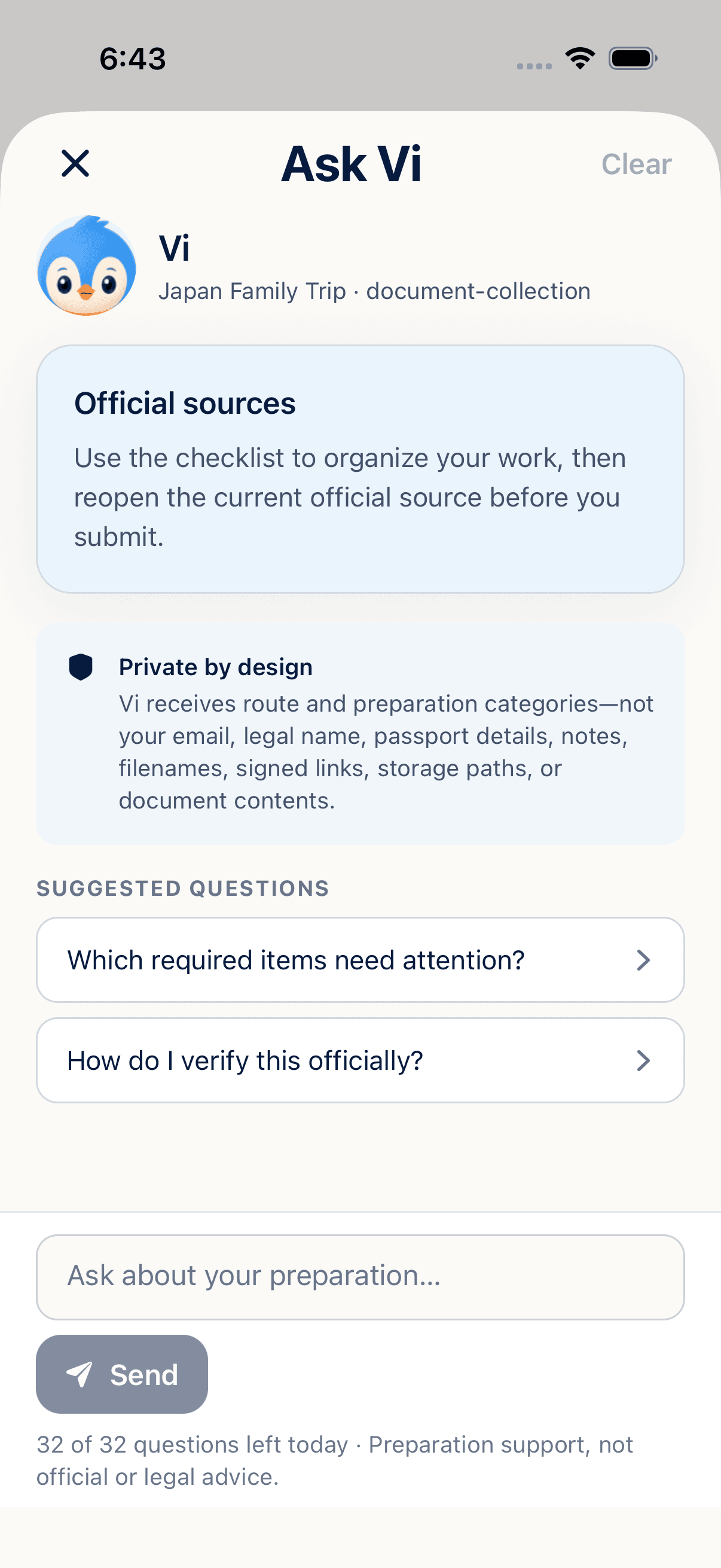 Vi guidance with official sources in the Visa Wingman iOS app